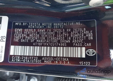 2012 Toyota Camry Se Limited Edition из США, поврежденный, VIN 4T1BF1FK1CU174965